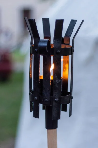 Medieval Metal Lantern Burning Night Black Iron Lamp Flame Wooden — Stock Photo, Image