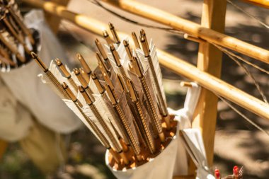 Ortaçağ tarzında hazırlanmış el işi oklarla dolu bir deri titremesi, tüyün üzerinde beyaz ve kahverengi renkli bir ok. Yakın çekim, seçici odak