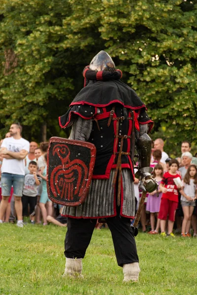 Nis Serbie Juin 2019 Grand Guerrier Armure Bouclier Main Sur — Photo