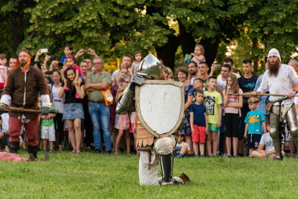 Ніс Сербія Червня 2019 Лицар Захисних Обладунках Охоронець Щитом Коліна — стокове фото