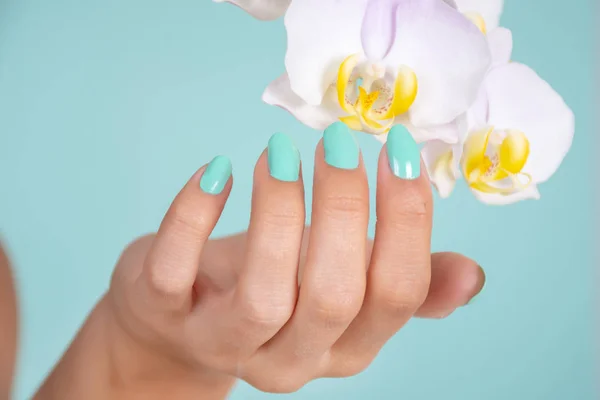 スタジオの柔らかい青い背景に隔離された爪と軽いライラック蘭の花にターコイズ色のマニキュアを持つ女性の手 マニキュアと美容コンセプト クローズアップ 選択的フォーカス — ストック写真