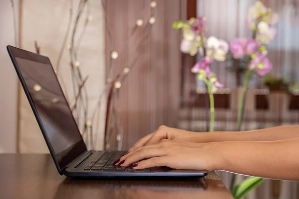 Woman writing a blog at home on a laptop on a wooden desk. Female hands on the keyboard, blurred background. Close up, selective focus