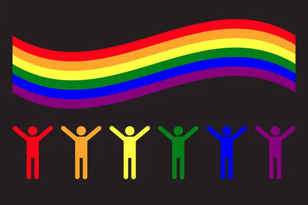 简单的6个粘贴手在Lgbt彩虹色 彩虹波浪形的旗帜在被黑色背景隔离的人之上 骄傲和男女同性恋 双性恋和变性者概念复制文本的空间 平面矢量图解 — 图库矢量图片