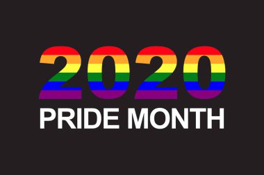 2020 yılının gökkuşağı LGBT bayrak rengi ve metin gurur ayına sahip rakamlar siyah arka planda izole edilmiş. Gurur, aşk ve LGBT konsepti. Tasarım veya metin için alanı kopyala. Düz vektör illüstrasyonu