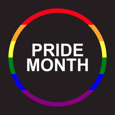 Çemberin içinde gökkuşağı renginde ve yazı gururuyla siyah arkaplanda izole edilmiş daire şeklinde. Gurur, aşk ve LGBT konsepti. Tasarım veya metin için alanı kopyala. Düz vektör illüstrasyonu