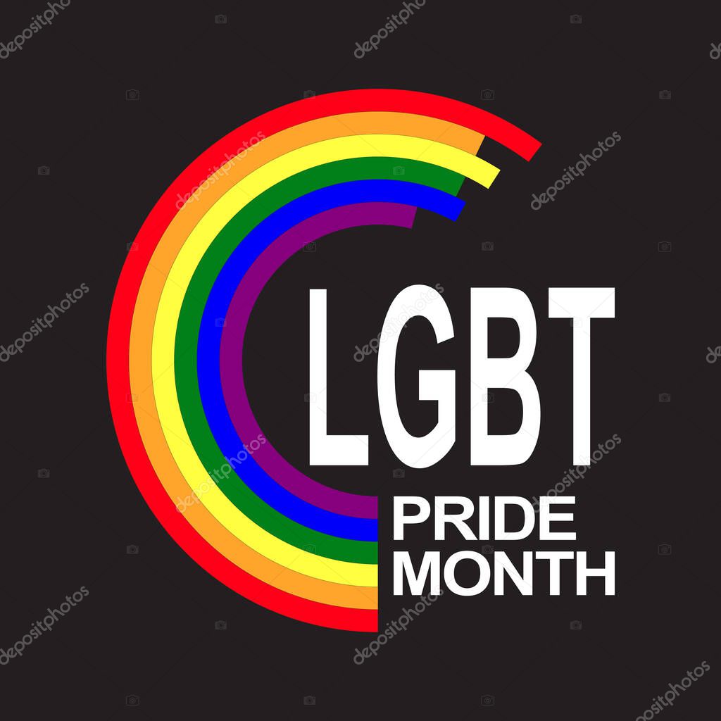 Abstract circle colored in rainbow color and text LGBT pride month inside in circle isolated on black background. Pride and LGBT concept. Copy space for design or text. Flat vector illustration