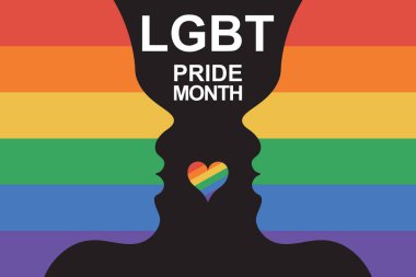 Gökkuşağı renkli LGBT bayrak renginde iki kız birbirlerine bakıyorlar. Kızlar arasında yazılar ve renkli kalpler. Gurur ve LGBT konsepti. Tasarım için alanı kopyala. Düz vektör illüstrasyonu