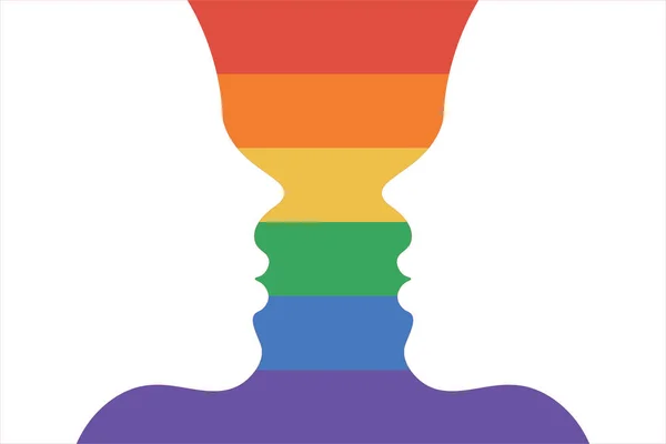 Gökkuşağı LGBT bayrak renginde iki kız birbirine bakıyor. Tasarım veya metin için kopyalama alanı olan beyaz siluet. Gurur ve LGBT konsepti. Düz vektör illüstrasyonu