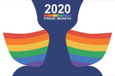 Gökkuşağı LGBT bayrağı renginde ve metin gurur ayında koruyucu yüz maskeli iki insan silueti. Onur ve COVID-19 koruma konsepti. Tasarım veya metin için alanı kopyala. Düz vektör illüstrasyonu