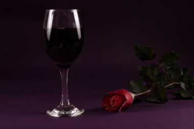 Kırmızı gül çiçeği ve şarap kadehi mor arka planda, sade anahtar
