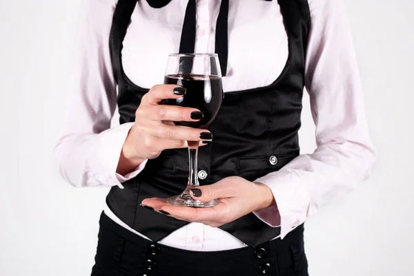 Elegant Girl Holding Red Wine Glass Hands Black Nails Close — Stock Photo, Image