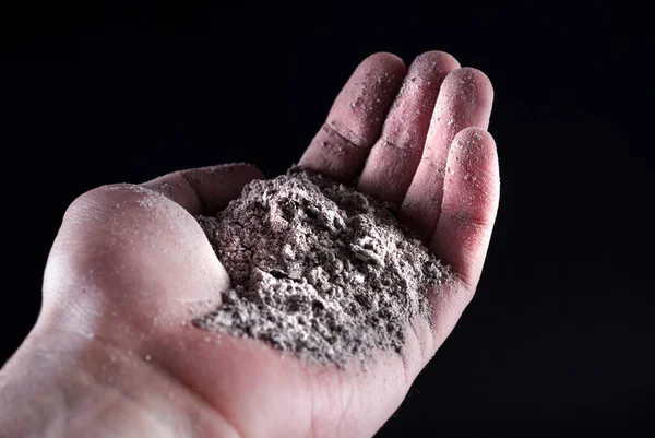 People Hand Holding Gray Ash Isolated Black Close Selective Focus — Stock Photo, Image