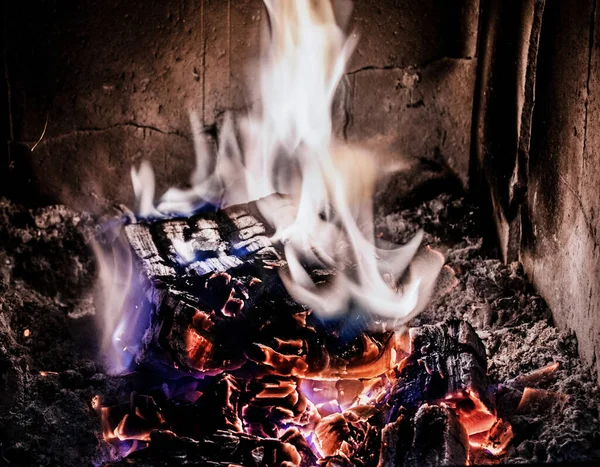 Wood Fire Burning Old Stove Ember Close — Stock Photo, Image