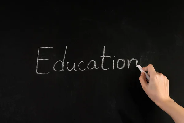 Female Hand Write Word Education School Blackboard White Chalk — Stock Photo, Image