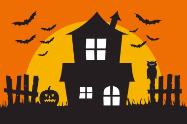 Cadılar Bayramı korkunç sahnesi, ayın önünde eski ev silueti ve yarasalı turuncu gökyüzü. Cadılar Bayramı konsepti vektör çizimi