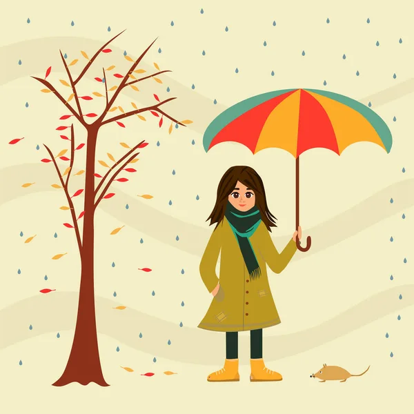 Poor Girl Torn Clothes Standing Umbrella Little Pet Rat Dry — Stock Vector