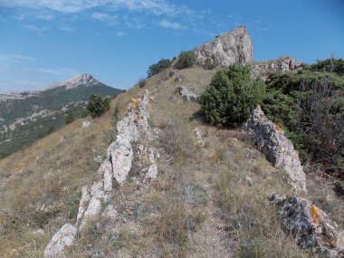 Kayalık dağın tepesine giden patikanın güzel manzarası.