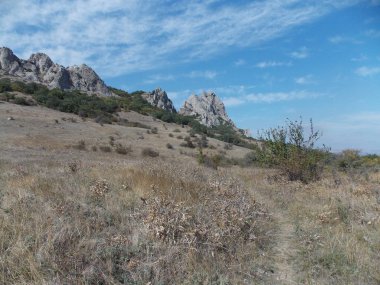 Dağın yamacındaki kayalara giden yolun manzarası.