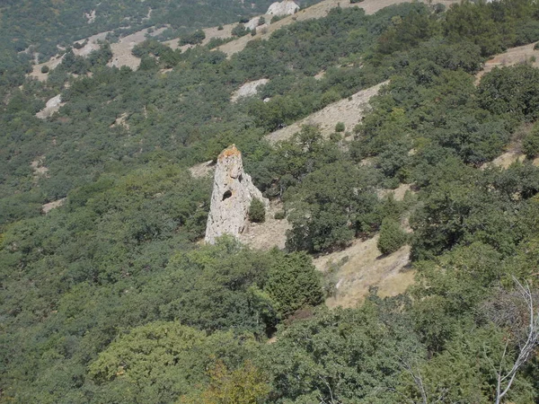 Die Schöne Aussicht Auf Den Grünen Berghang Mit Einsamen Felsen — Stockfoto