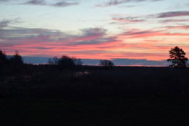 Pembe gündoğumuna karşı nehir yakınındaki tarla yolunun görünümü.