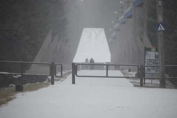 Kozmonot-kahraman Gagarin ve Komarov anıtına giden yolun manzarası.
