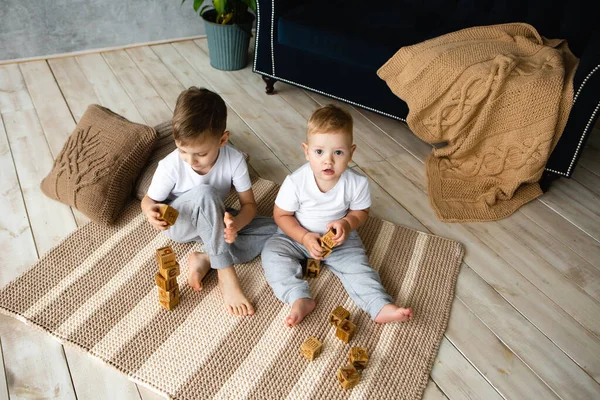 Dos Hermanos Niños Trenzando Con Bloques Cubo Madera Alfombra Punto —  Fotos de Stock