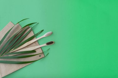 Diş hijyeni. İki ahşap bambu çevre dostu diş fırçası, yeşil yapraklar ve arka planda yazı için yer olan düz kompozisyon. Üst görünüm, alanı kopyala