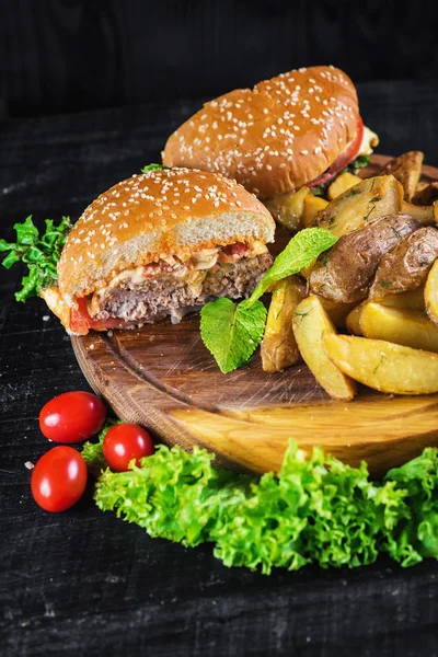 Tasty Burger Fried Potatoes Wooden Board — Stock Photo, Image