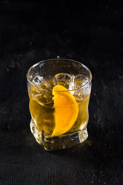 Yellow Alcohol Drink Glass Black Background — Stock Photo, Image