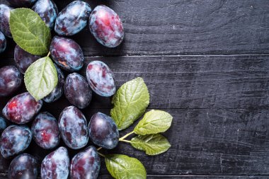 Siyah arka planda bir sürü taze erik. Boşluğu kopyala