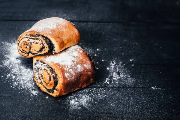 Sweet Buns Poppy Seed Black Background — Stock Photo, Image