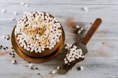 Beyaz arka planda kremalı büyük çikolatalı pasta.