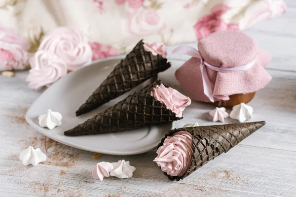 Pink Ice Cream Waffles Form Horn White Background — Stock Photo, Image