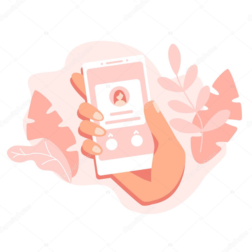 Material design Incoming call on smartphone screen. Calling service. Hand holds smartphone, finger touch screen. Modern concept for web banners, web sites, infographics. Flat design vector illustration
