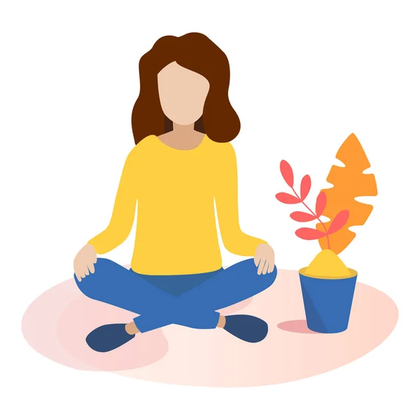 Vectorillustratie Het Concept Van Meditatie Het Meisje Zit Lotuspositie — Stockvector