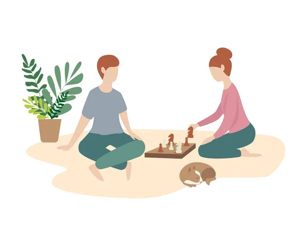 Женщина Мужчина Играют Шахматы Вместе Семейная Игра Выходные Домашняя Атмосфера — стоковый вектор