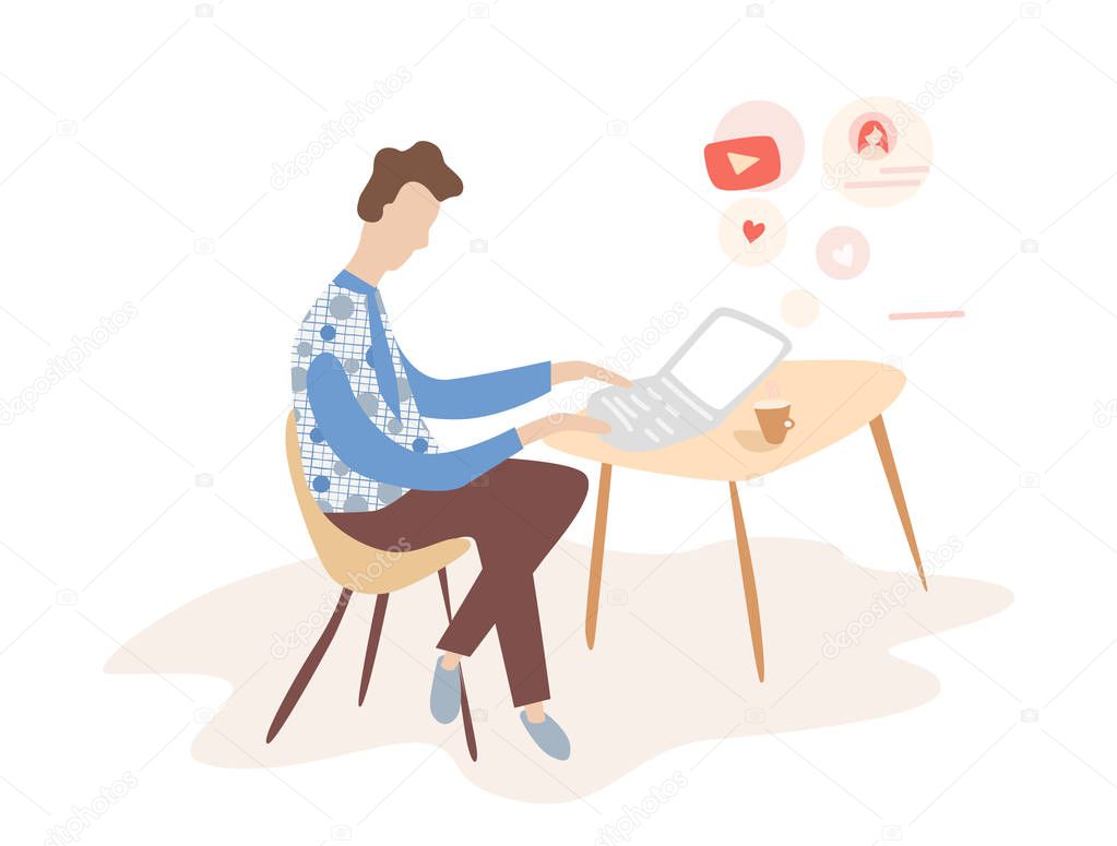 Man working on internet using laptop and drinking coffee. work at home. travel and work