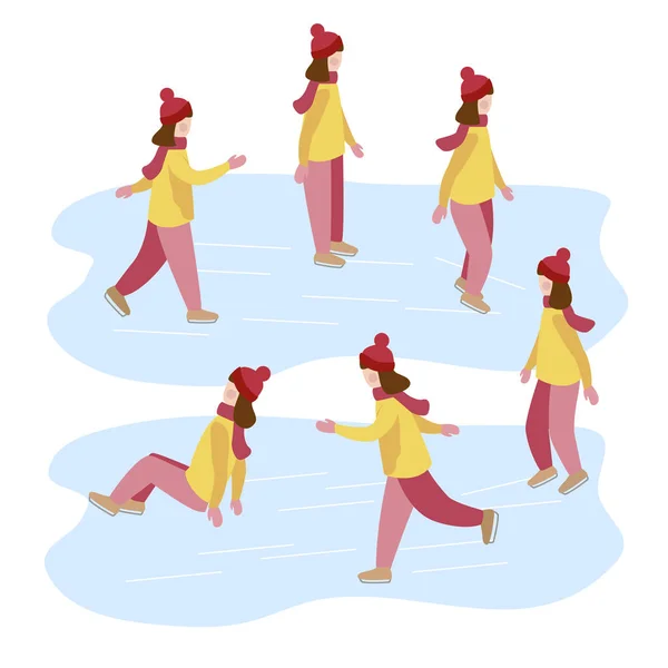 女孩学会了溜冰 孩子们的冬季活动 现代平向量例证 — 图库矢量图片