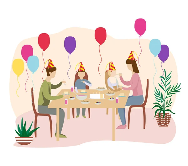 Celebración Cumpleaños Mesa Con Familia Amigos Bebidas Dulces Globos Más — Vector de stock