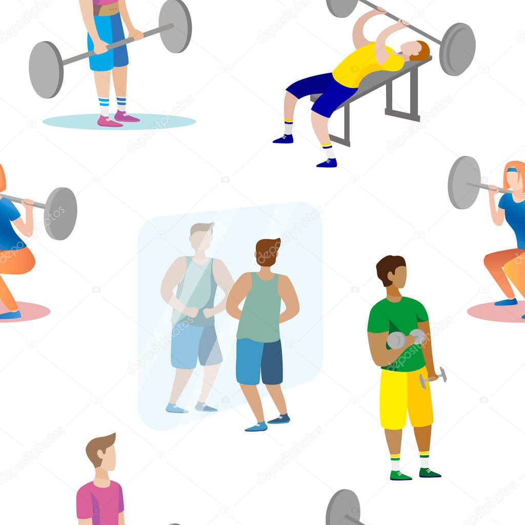 men and women are engaged weightlifting in the gym seamless pattern