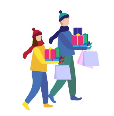 Mutlu Noel tatili. Kış insanlar Shopping City. Noel hediyesi. Düz vektör çizim