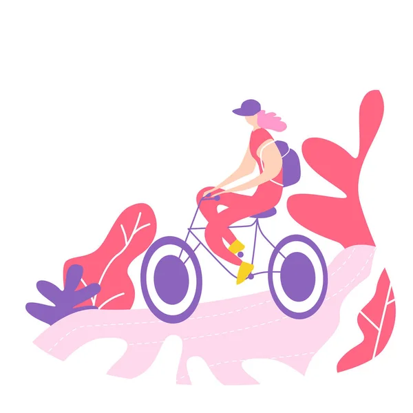 自転車乗馬の女の子 自転車で散歩 トレンド色のポーズをサイクリングします フラットのベクトル図 — ストックベクタ