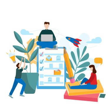 Ekip çalışması projesi. Küçük insanların yeni çözümler, yaratıcı çalışma için arama. Web sayfası, sunu, afiş, sosyal medya, kartları ve afiş için kavram. Modern düz vektör çizim