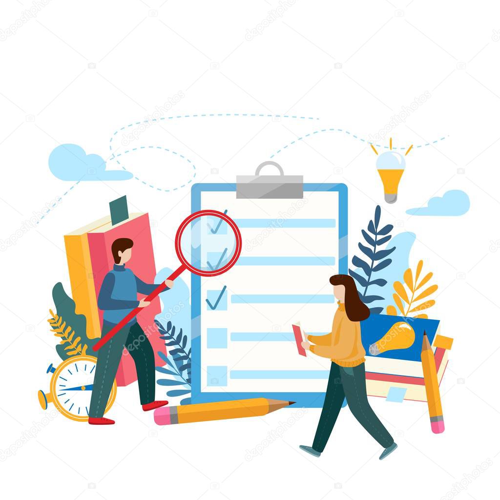 Checklist clipboard. Questionnaire, survey, task list. Concept to do list, done job, creative process for web page, presentation, banner, social media, cards and posters. Flat vector illustration