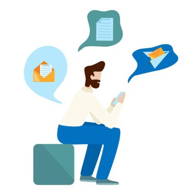 Konsept adam akıllı telefon kullanın. E-posta gönder. Sakallı adam oturan ve cep telefonu tutarak.