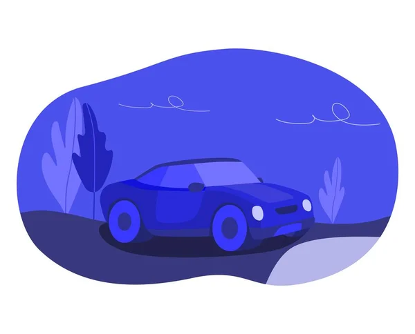 Одинокая голубая машина на пустой ночной дороге . — стоковый вектор