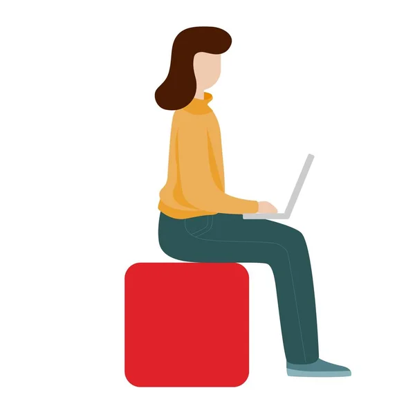 Pracující žena, která sedí s počítačem. Koncepce sociální sítě. Vzdálená práce na volné noze. — Stockový vektor