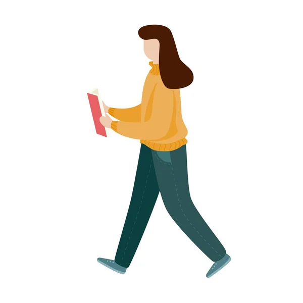 Menina lendo um livro e andando. Estilo plano — Vetor de Stock