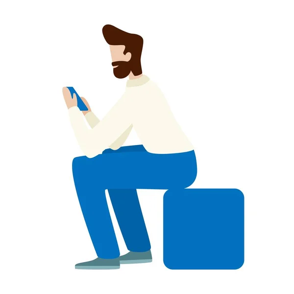 L'homme utilise un smartphone. Illustration vectorielle plate isolée sur fond blanc — Image vectorielle