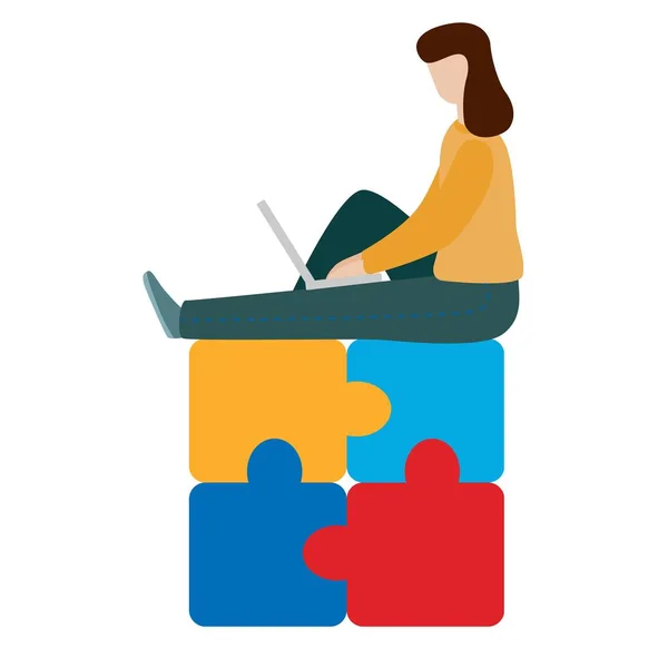 Consept mulher trabalhadora sentado com um laptop. Conceito de rede social. Trabalho remoto freelance . —  Vetores de Stock